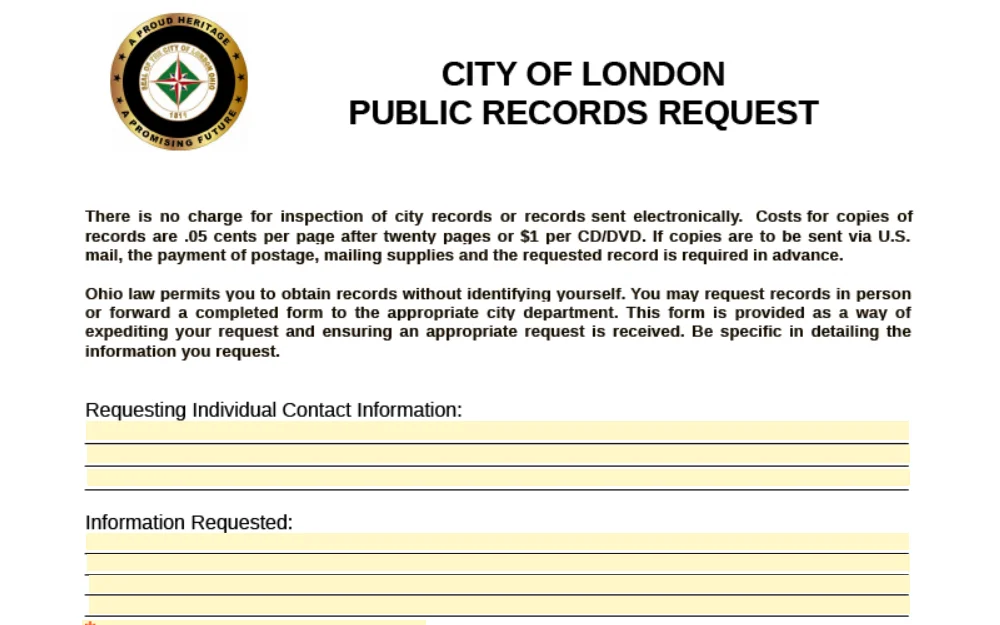 A screenshot of the form used to request public data in the city of London, Ohio.