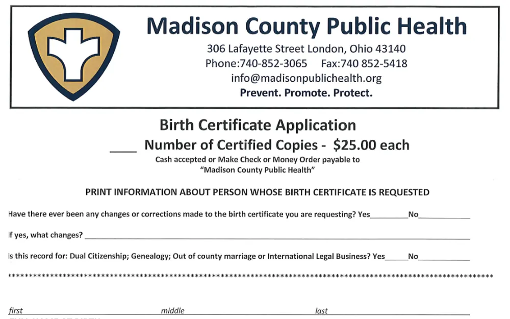 A screenshot of the form used to obtain birth documents in Madison County.
