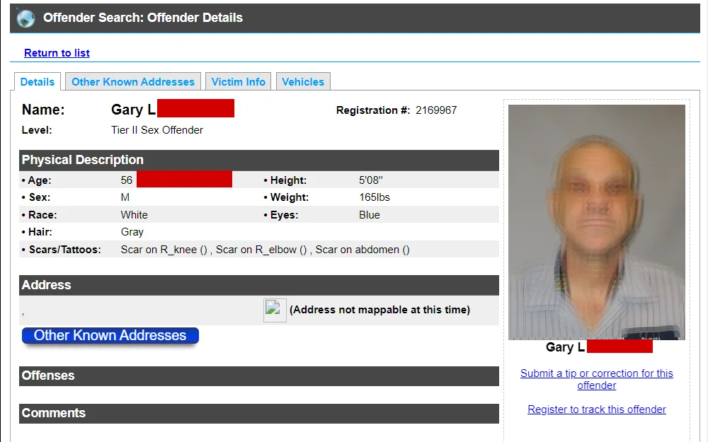 A screenshot of the search tool that allows the public to obtain information about non-compliant sex offenders in Madison County.