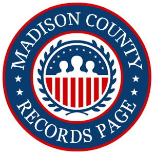 A round, red, white, and blue logo with the words 'Madison County Records Page' in relation to the state of Ohio.