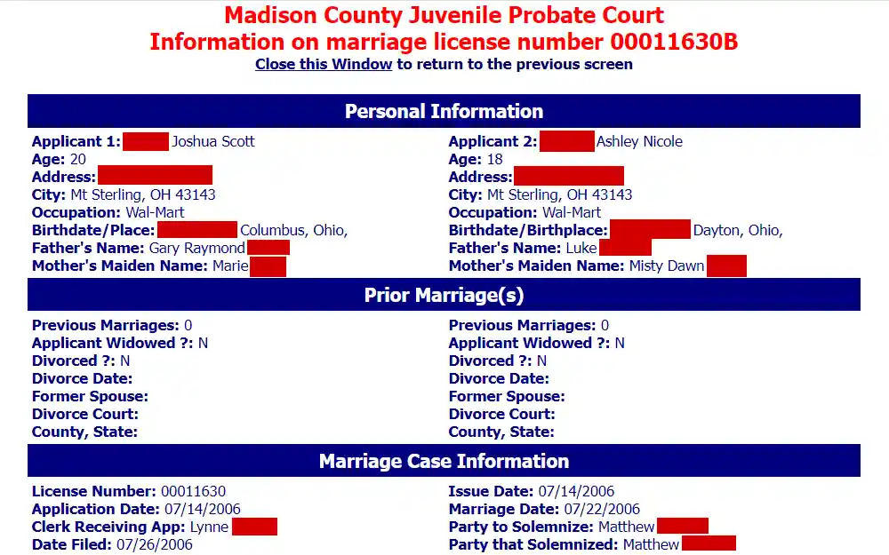 A screenshot of the search tool that allows individuals to find marriage data in Madison County.