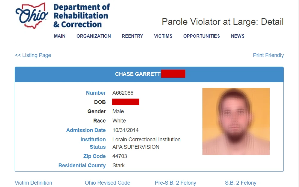 A screenshot of the search tool that shows parolees who have violated the terms of their supervised release and thus have warrants issued against them.