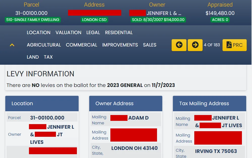 A screenshot of the search tool that allows the public to view property ownership information.