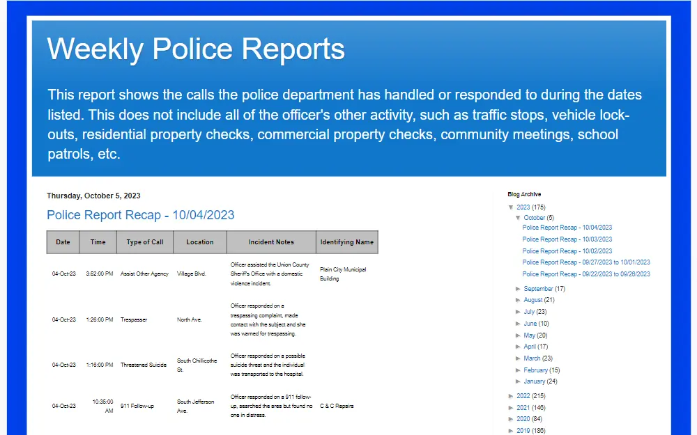 A screenshot of the public index that gives the public a sneak peek into Plain City Police Department's week, from serious calls like threats to routine jobs like helping out other departments.