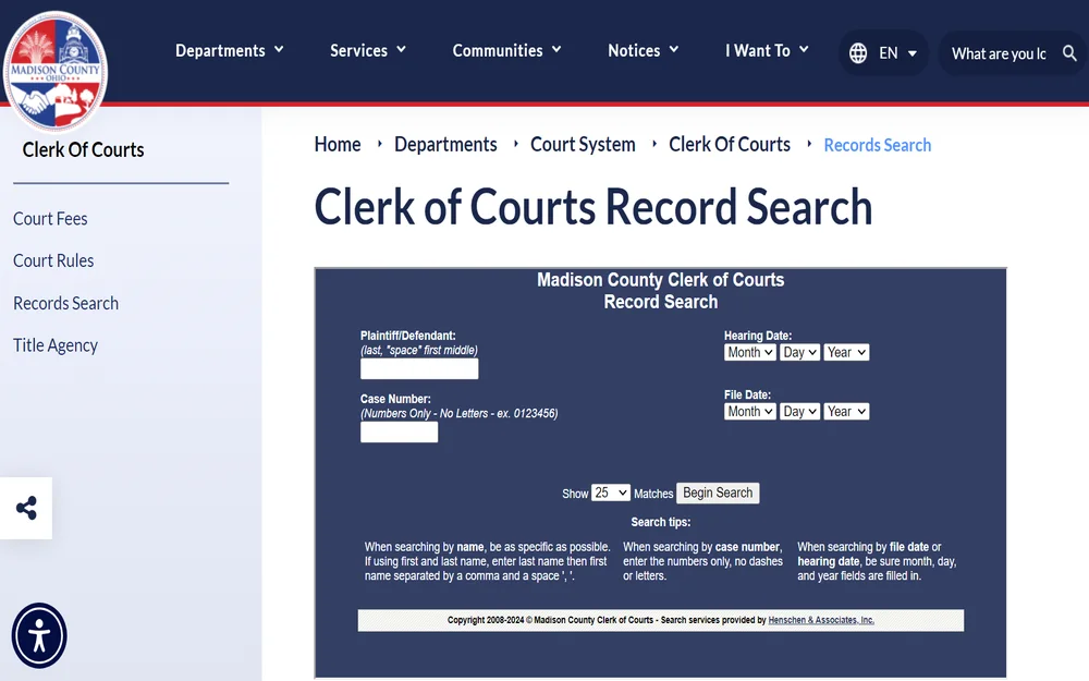 A screenshot of a record search tool from the Madison County Clerk of Courts detailing names and case numbers to find specific court documents, with additional options for searching by hearing and file dates.
