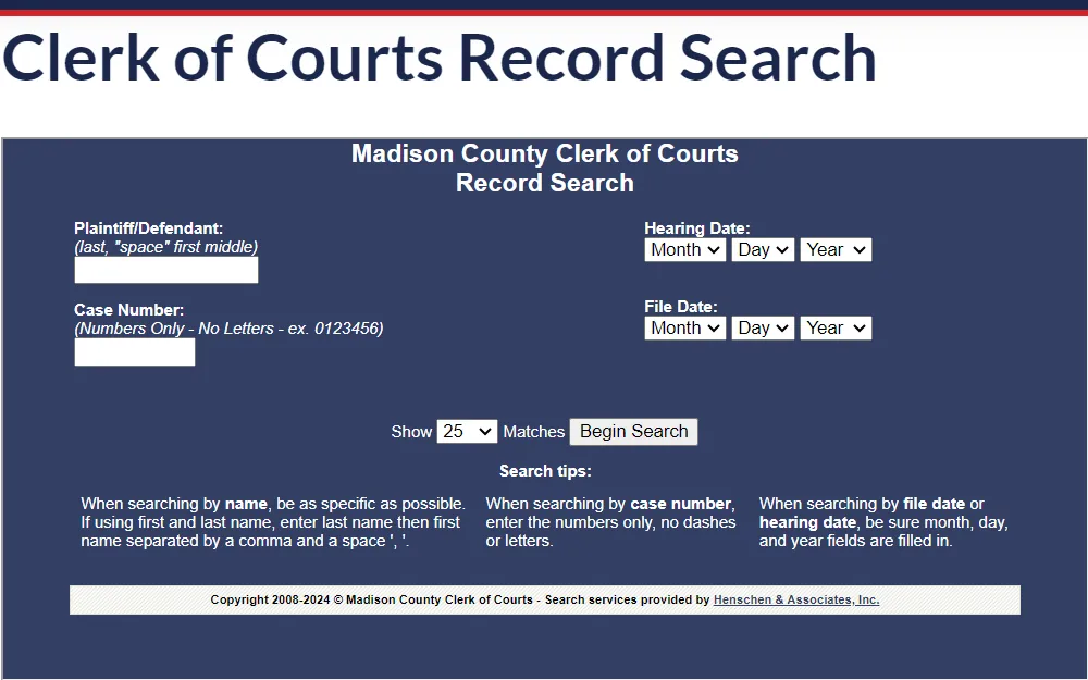 Screenshot of the records search feature of the Madison County Clerk of Courts, with fields provided for the name of plaintiff or defendant, case number, and drop down menus for hearing and file dates, followed by some search tips regarding the different search options mentioned, divided in three columns.