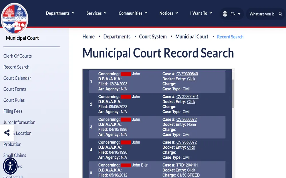 A screenshot of a sample record search tool results from the Madison County Municipal Court detailing names, dates filed, case numbers, docket entries, charges, and case types.