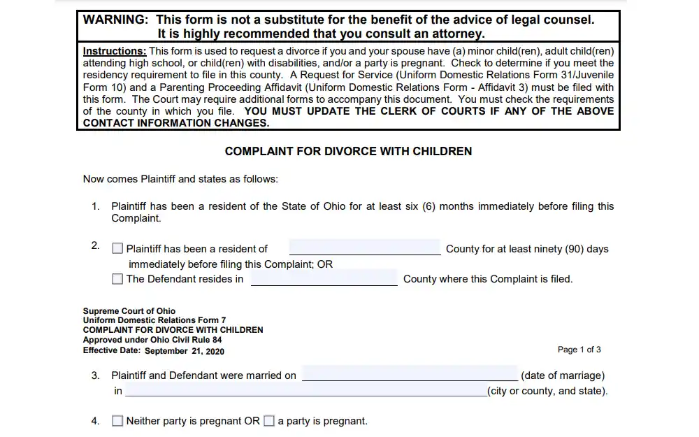 Screenshot of the complaint for divorce with children form provided by the Supreme Court of Ohio & Ohio Judicial Branch, showing a text box containing a warning that it is not a substitute for the benefit of the advice of legal counsel, followed by the filling instructions; below the box are the first four numbers in the form including the fields for the address of either plaintiff or defendant, date and place of marriage, and options whether either party is pregnant or not.
