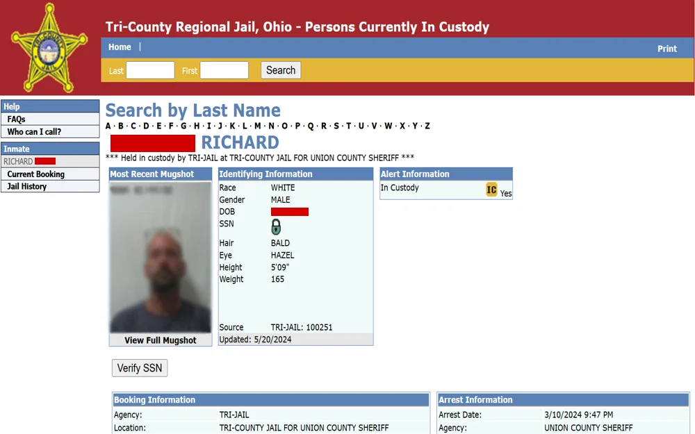 A screenshot of the search tool that allows the public to obtain information about individuals that are currently in custody.